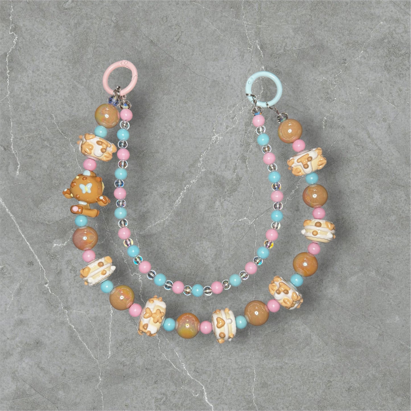 Custom double loop keychain with hand painted Skull Panda doll and beads